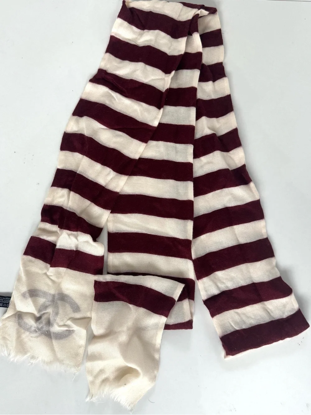CHANEL Cashmere Burgundy and Cream Striped Logo Scarf 2009-2010 cruise collectio